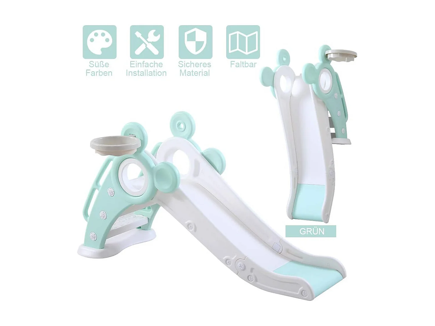 Toboggan de Jardin Pliable avec Panier de Basketball Yoleo pour Enfants de 1 à 3 Ans, Vert