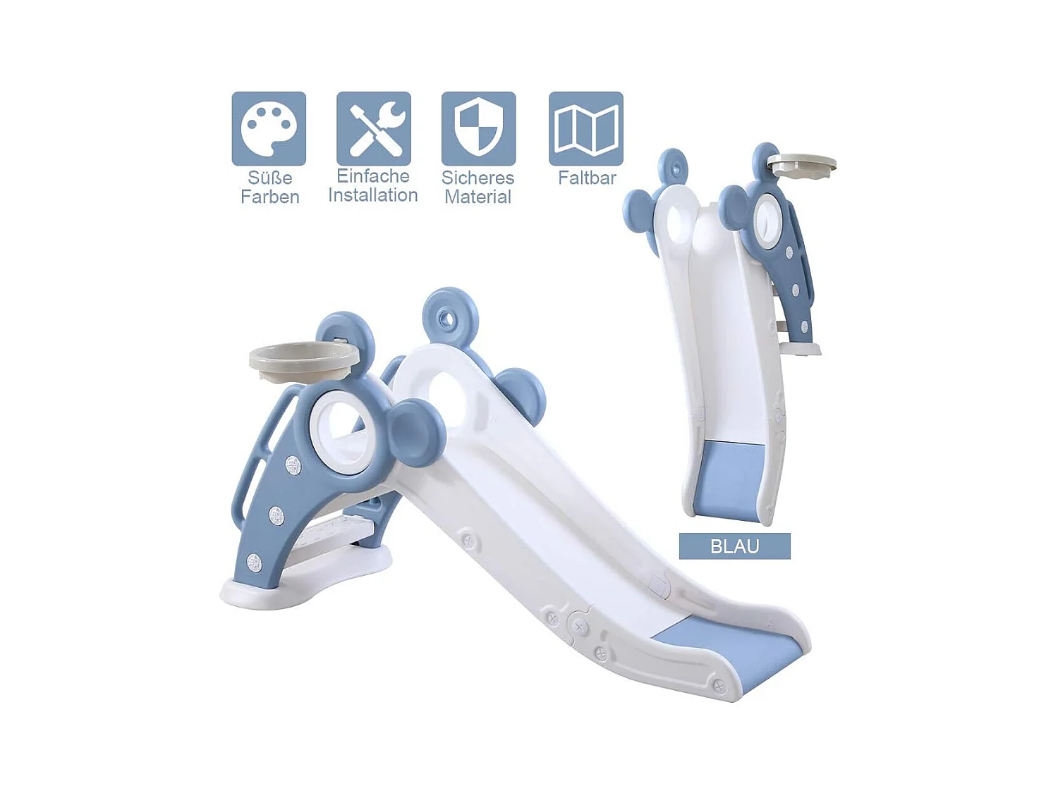 Toboggan de Jardin Pliable avec Panier de Basketball Yoleo pour Enfants de 1 à 3 Ans, Bleu