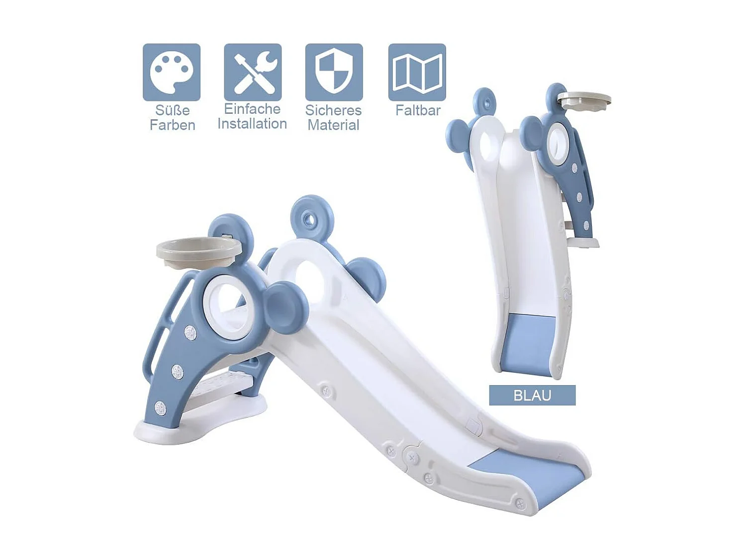 Yoleo Kinder Glijbaan met Basketbalmand, Opvouwbare Tuinglijbaan voor 1-3 Jaar, Blauw