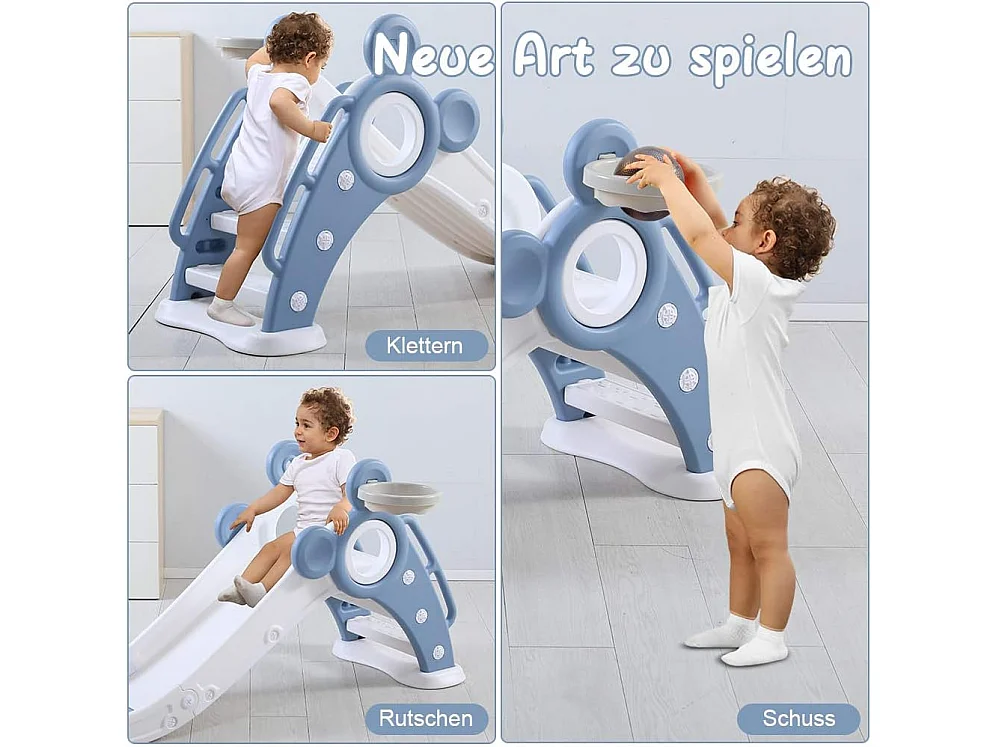 Yoleo Kinder Glijbaan met Basketbalmand, Opvouwbare Tuinglijbaan voor 1-3 Jaar, Blauw