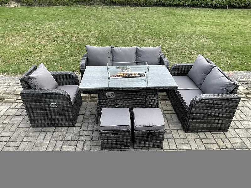 Polyrattan Gartenmöbel Set mit Gasfeuerstelle Esstisch 8-Sitzer Garten Sofa im Freien Set Dunkelgrau Gemischt