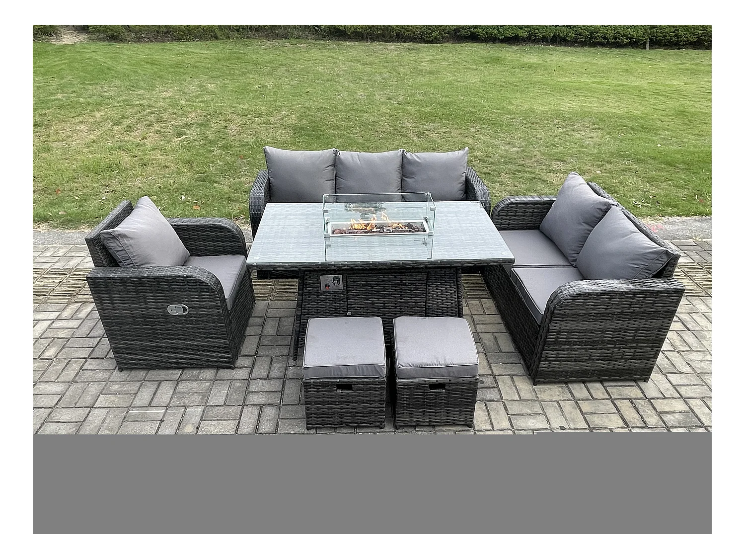 Polyrattan Gartenmöbel Set mit Gasfeuerstelle Esstisch 8-Sitzer Garten Sofa im Freien Set Dunkelgrau Gemischt