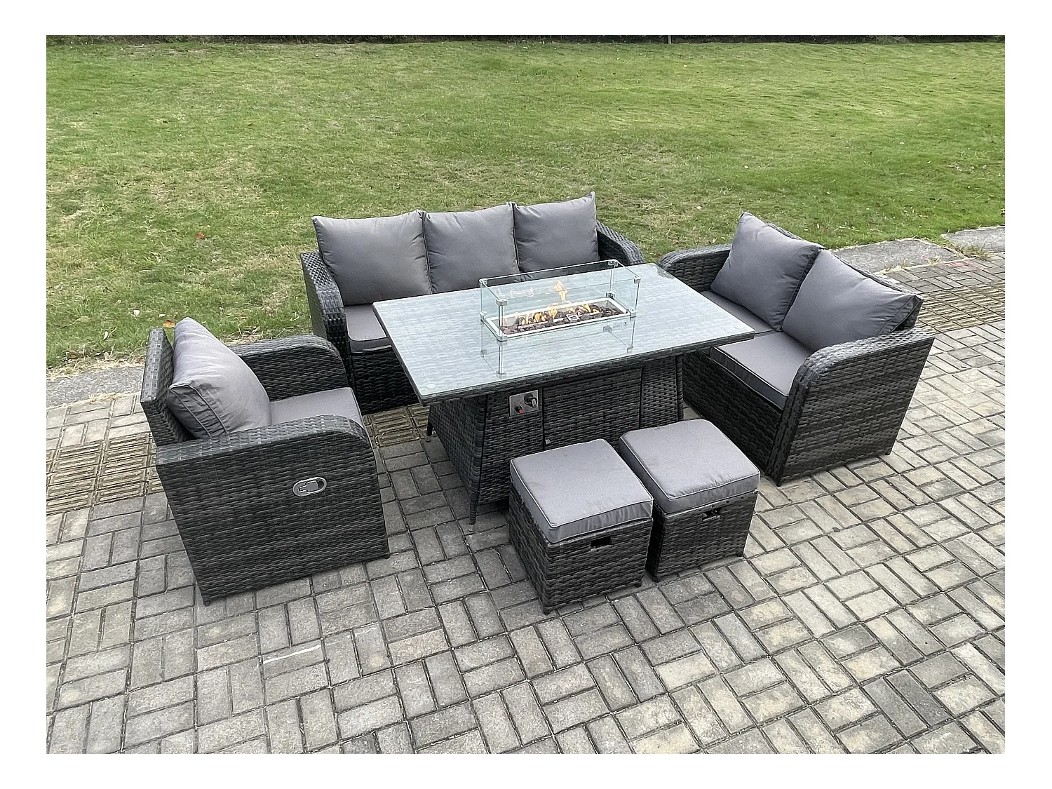 Polyrattan Gartenmöbel Set mit Gasfeuerstelle Esstisch 8-Sitzer Garten Sofa im Freien Set Dunkelgrau Gemischt