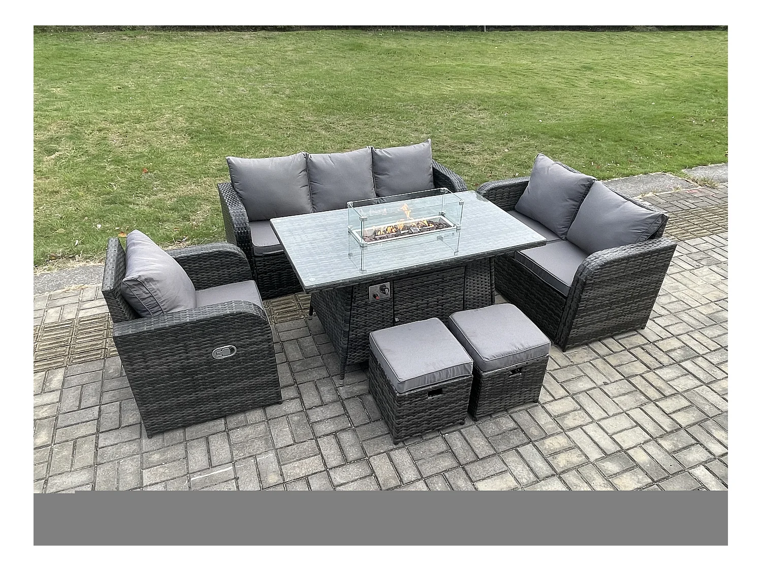 Polyrattan Gartenmöbel Set mit Gasfeuerstelle Esstisch 8-Sitzer Garten Sofa im Freien Set Dunkelgrau Gemischt