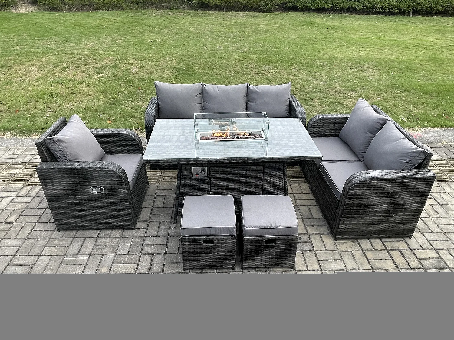 Polyrattan Gartenmöbel Set mit Gasfeuerstelle Esstisch 8-Sitzer Garten Sofa im Freien Set Dunkelgrau Gemischt