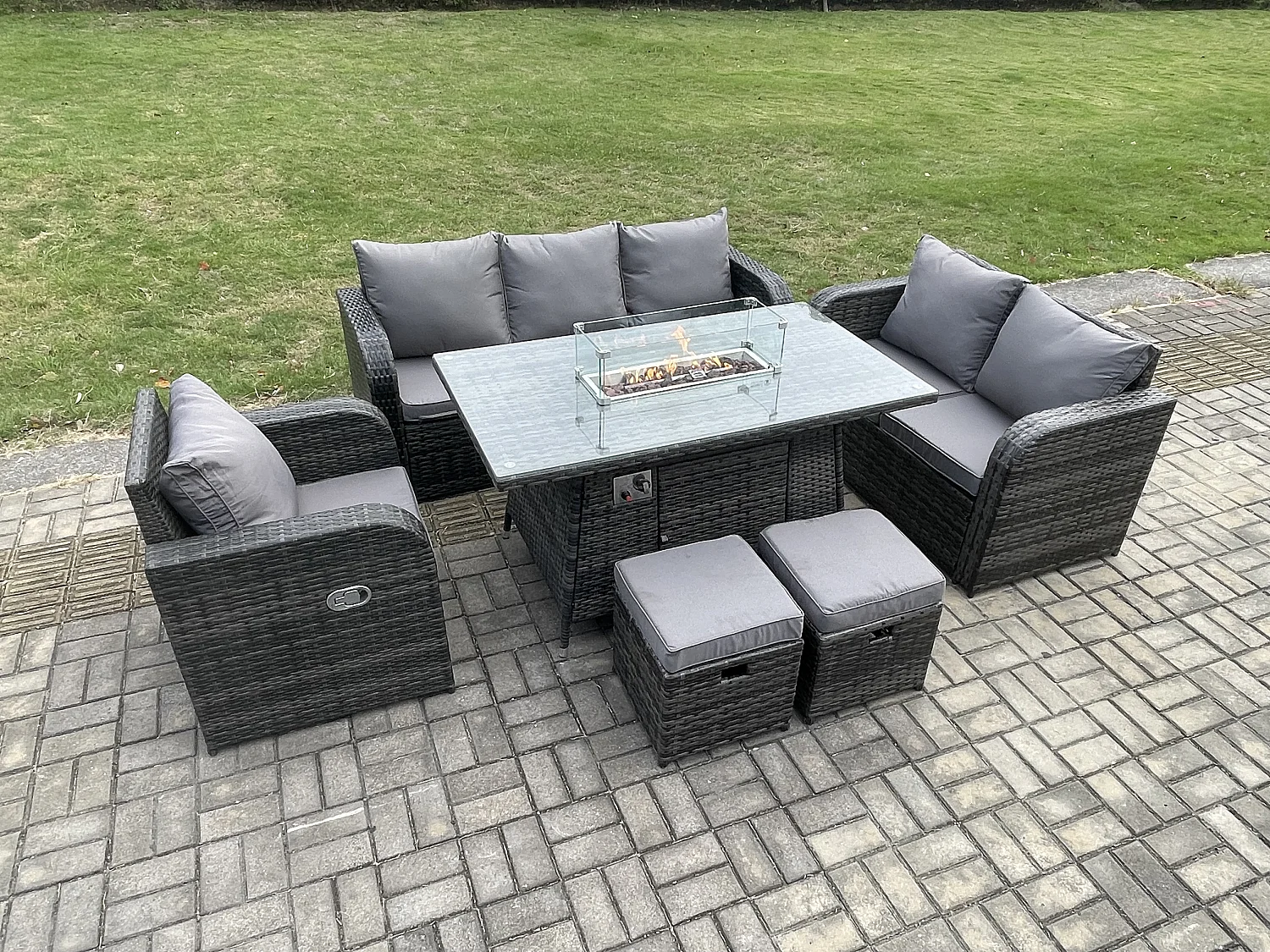 Polyrattan Gartenmöbel Set mit Gasfeuerstelle Esstisch 8-Sitzer Garten Sofa im Freien Set Dunkelgrau Gemischt