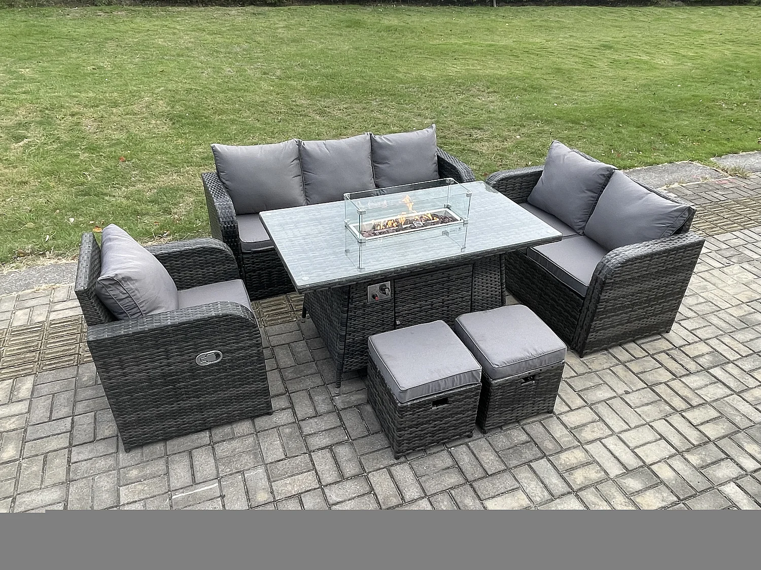 Polyrattan Gartenmöbel Set mit Gasfeuerstelle Esstisch 8-Sitzer Garten Sofa im Freien Set Dunkelgrau Gemischt