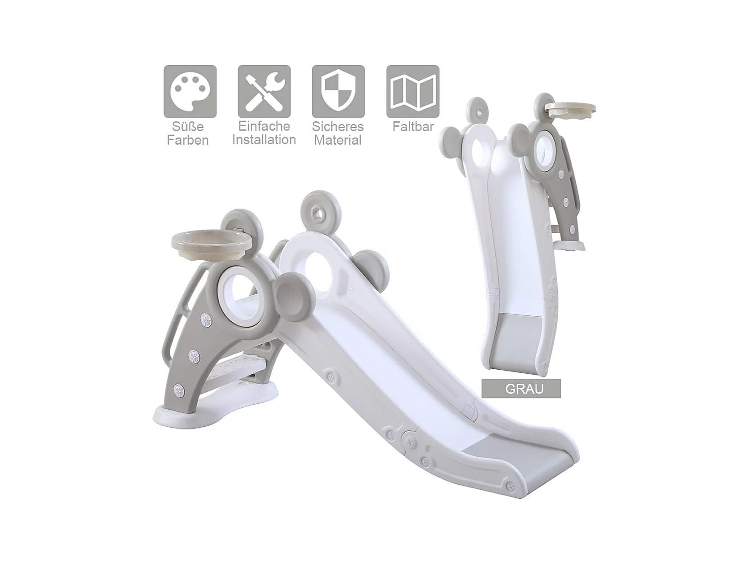 Toboggan de Jardin Pliable avec Panier de Basketball Yoleo pour Enfants de 1 à 3 Ans, Gris