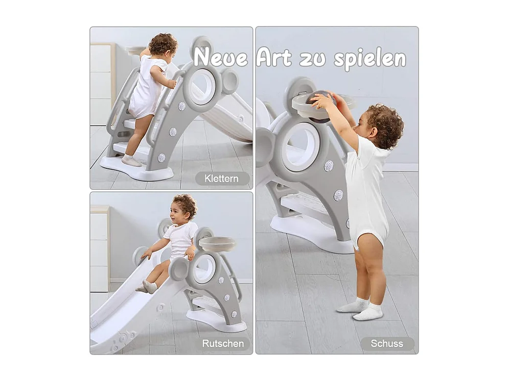 Toboggan de Jardin Pliable avec Panier de Basketball Yoleo pour Enfants de 1 à 3 Ans, Gris