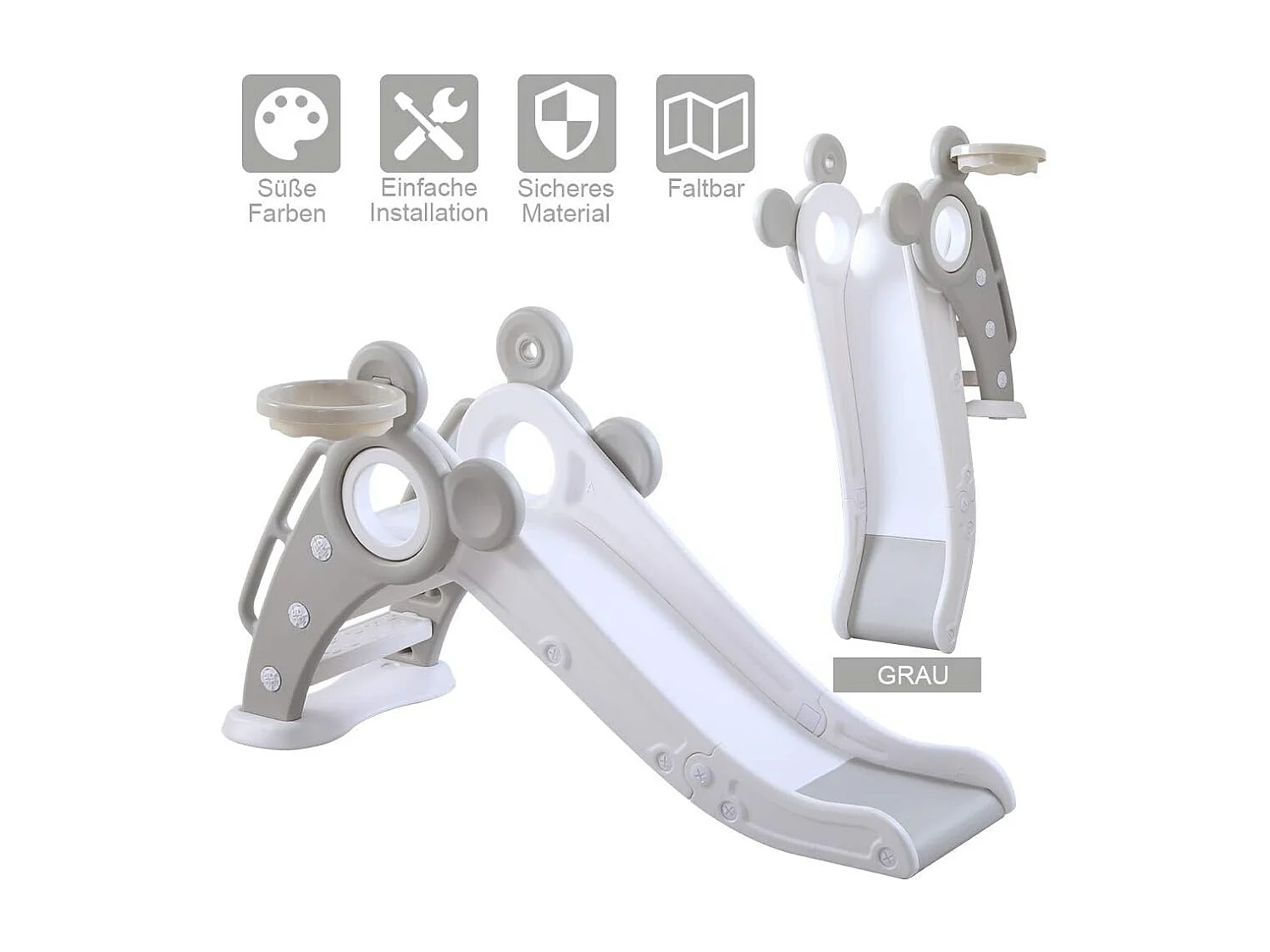 Yoleo Kinder Glijbaan met Basketbalmand, Opvouwbare Tuinglijbaan voor 1-3 Jaar, Grijs