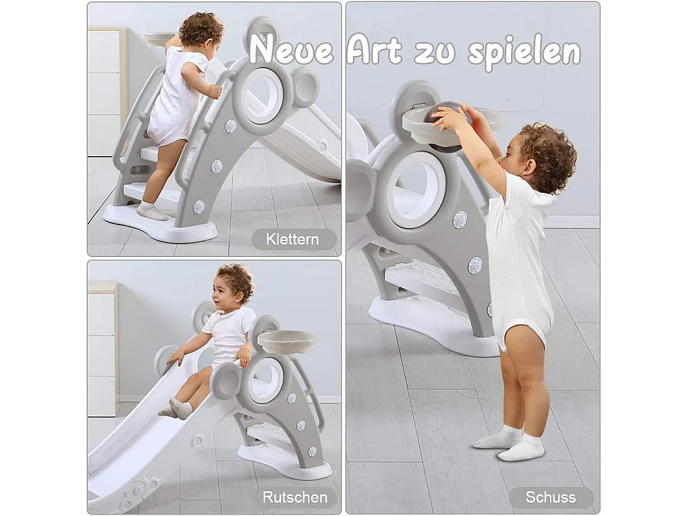 Yoleo Kinder Glijbaan met Basketbalmand, Opvouwbare Tuinglijbaan voor 1-3 Jaar, Grijs