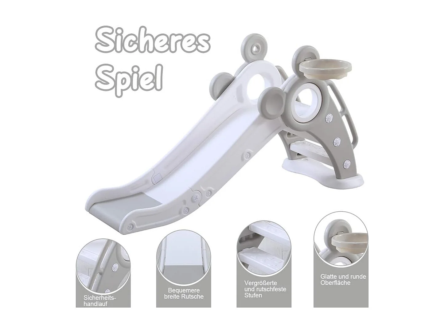 Yoleo Kinder Glijbaan met Basketbalmand, Opvouwbare Tuinglijbaan voor 1-3 Jaar, Grijs