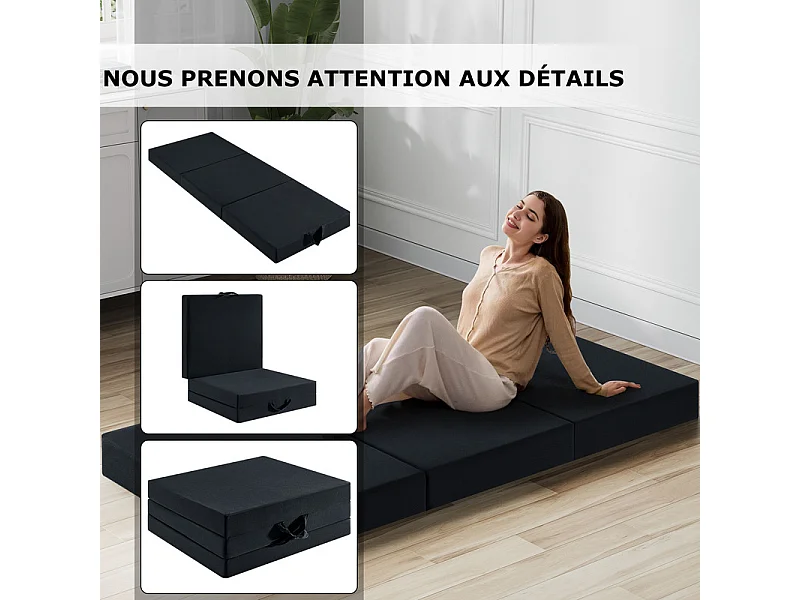 Matelas futon pliable INRE – 75x195x15 cm – Mousse polyuréthane – 1 personne – Noir