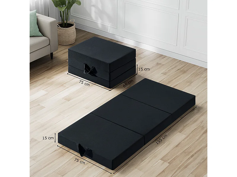 Matelas futon pliable INRE – 75x195x15 cm – Mousse polyuréthane – 1 personne – Noir