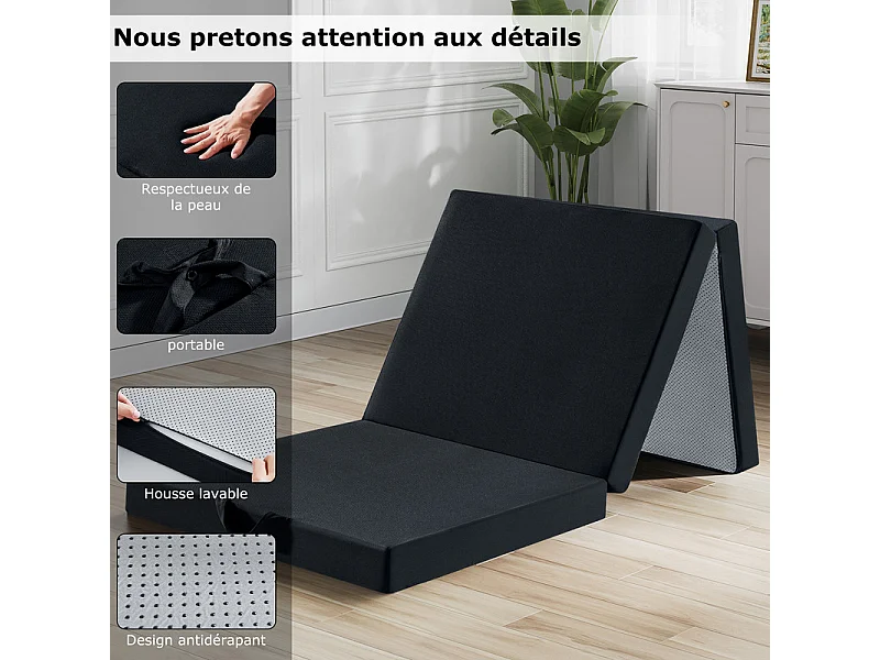 Matelas futon pliable INRE – 75x195x15 cm – Mousse polyuréthane – 1 personne – Noir