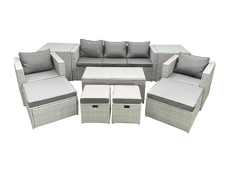 Polyrattan Gartensofa Set Couchtisch 4 Hockern 2 Beistelltischen Hellgrau gemischt 9-Sitzer