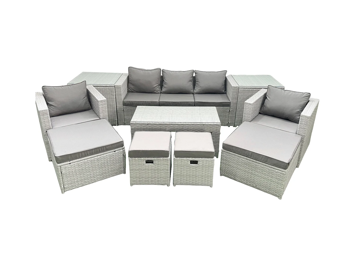 Polyrattan Gartensofa Set Couchtisch 4 Hockern 2 Beistelltischen Hellgrau gemischt 9-Sitzer