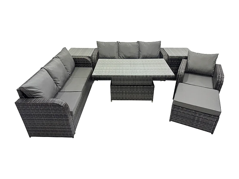 Outdoor Polyrattan Gartenmöbel Sets höhenverstellbarer Tisch Sofa Set mit Liegestühle Beistelltisch 2 Großer Hockern Dunkelgrau Gemischt