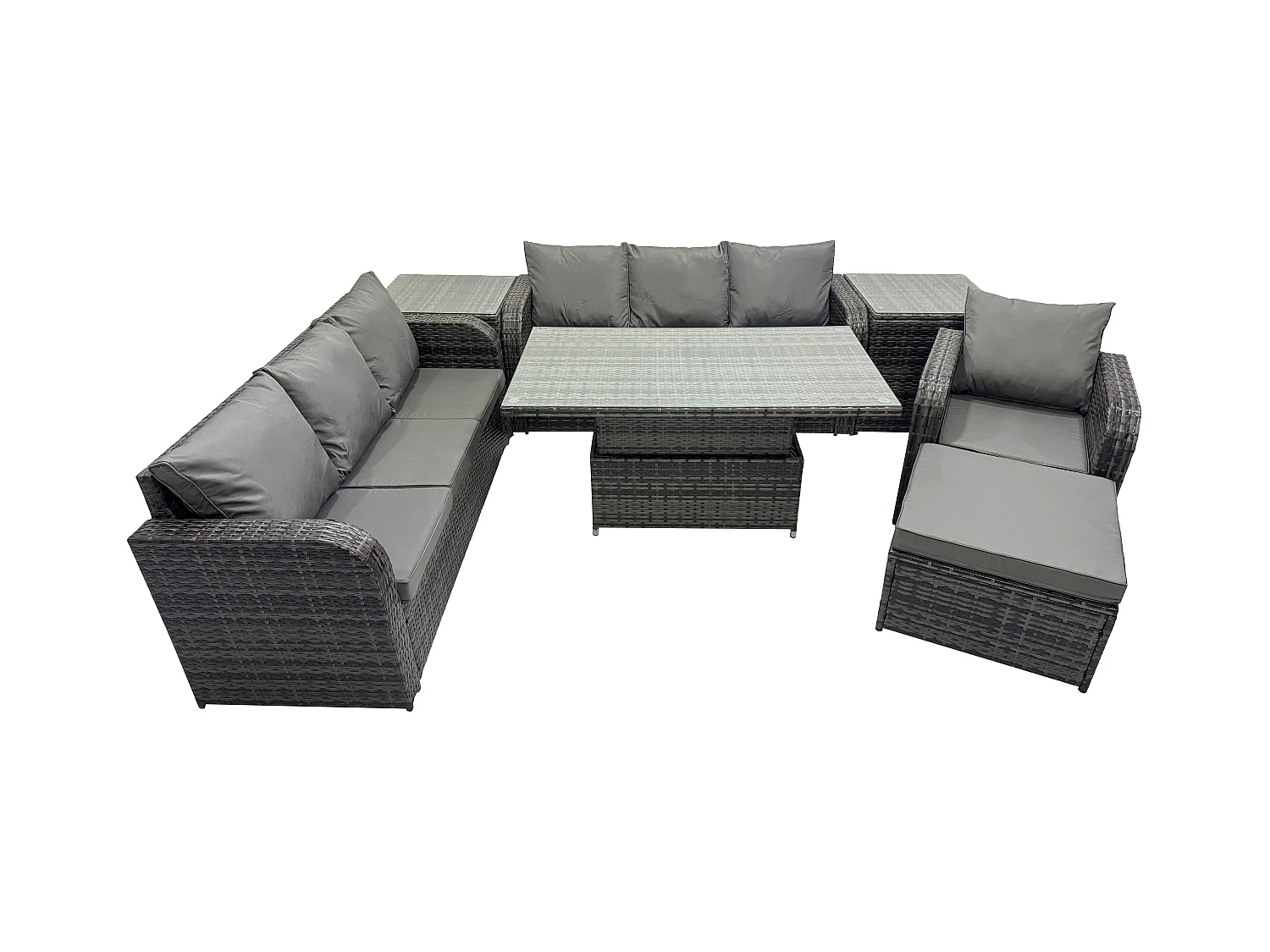Outdoor Polyrattan Gartenmöbel Sets höhenverstellbarer Tisch Sofa Set mit Liegestühle Beistelltisch 2 Großer Hockern Dunkelgrau Gemischt