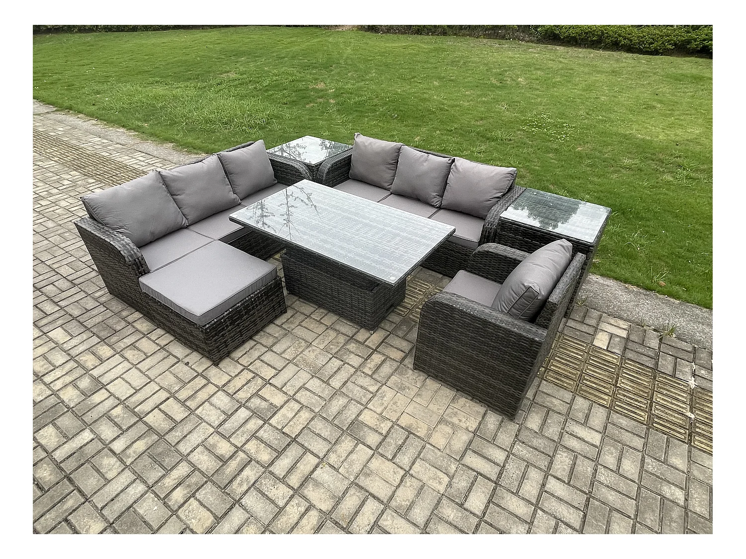 Outdoor Polyrattan Gartenmöbel Sets höhenverstellbarer Tisch Sofa Set mit Liegestühle Beistelltisch 2 Großer Hockern Dunkelgrau Gemischt