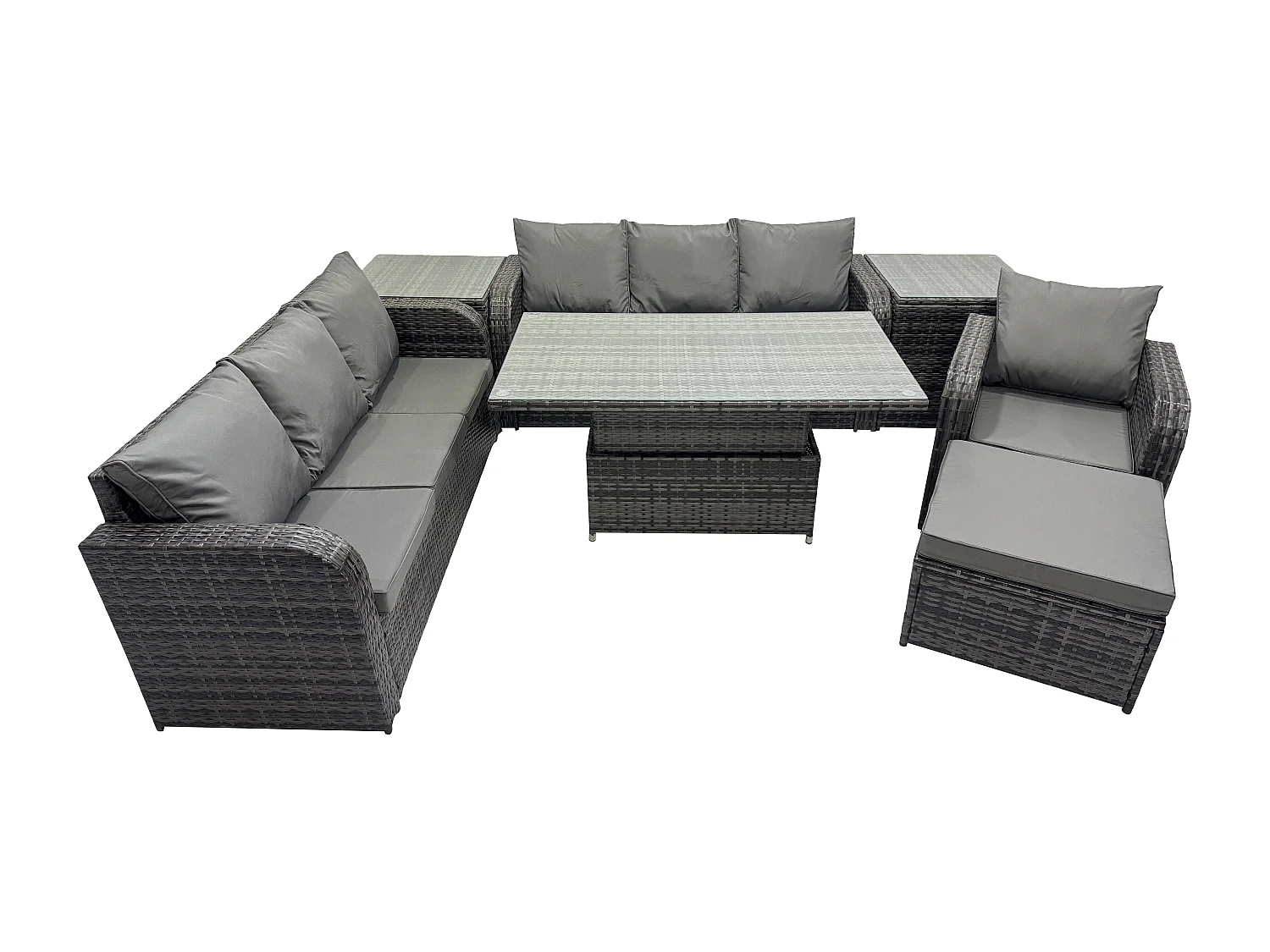 Outdoor Polyrattan Gartenmöbel Sets höhenverstellbarer Tisch Sofa Set mit Liegestühle Beistelltisch 2 Großer Hockern Dunkelgrau Gemischt