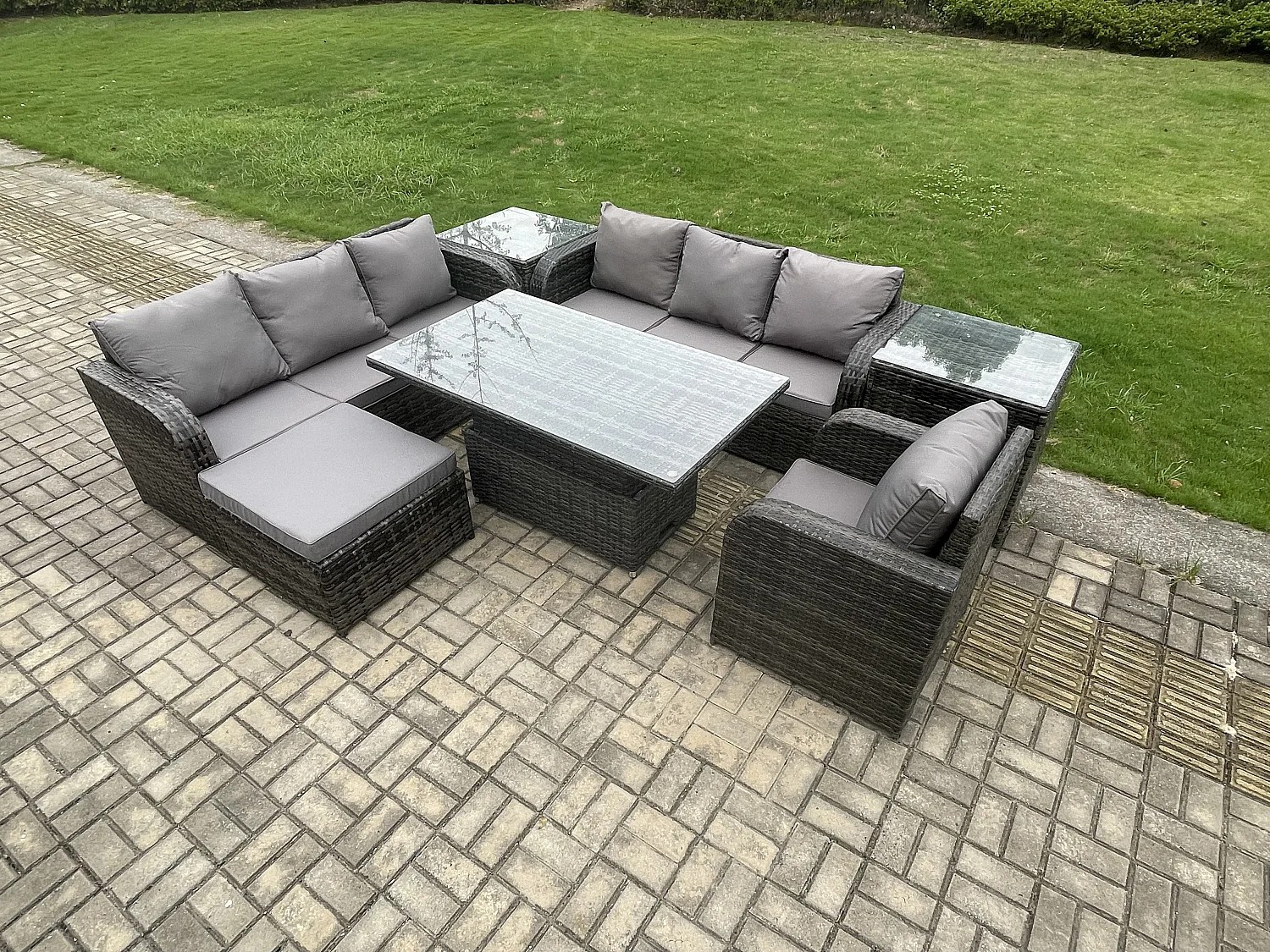 Outdoor Polyrattan Gartenmöbel Sets höhenverstellbarer Tisch Sofa Set mit Liegestühle Beistelltisch 2 Großer Hockern Dunkelgrau Gemischt