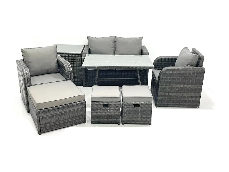 Gartenmöbel-Set Rattan Sofa Esstisch Set mit Liegestühle 3 Hockern Beistelltisch Dunkelgrau Gemischt