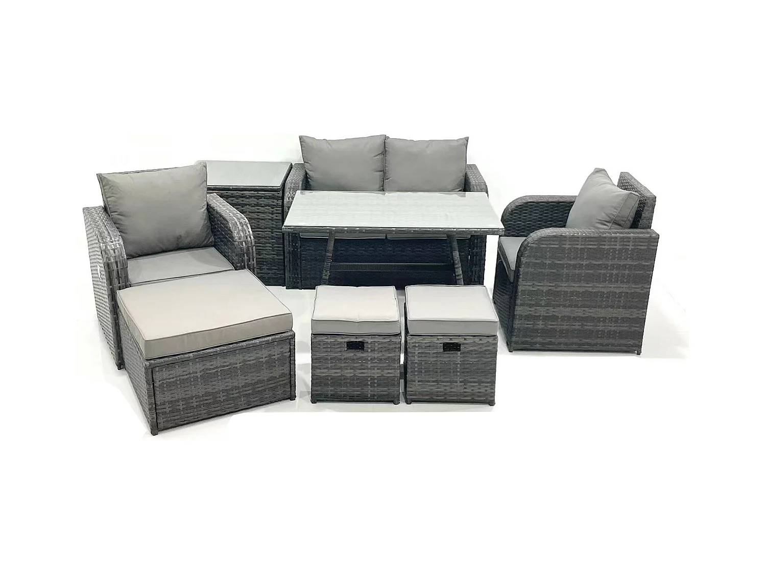 Gartenmöbel-Set Rattan Sofa Esstisch Set mit Liegestühle 3 Hockern Beistelltisch Dunkelgrau Gemischt