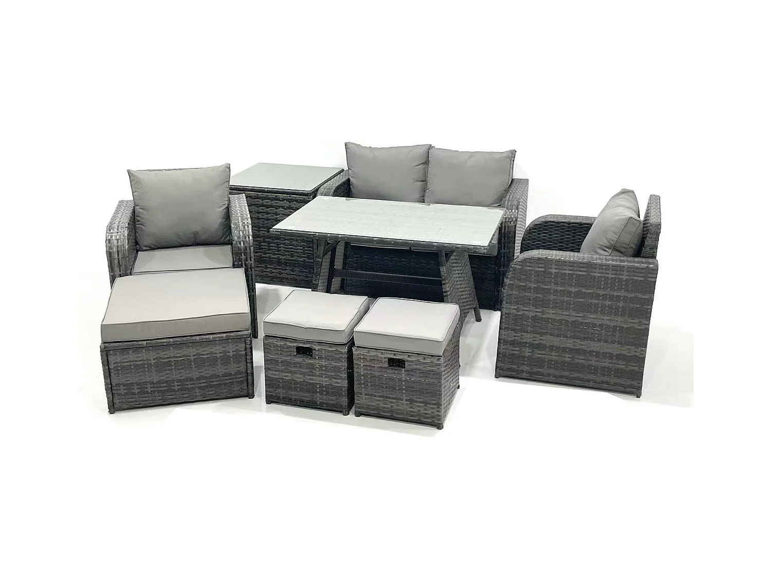 Gartenmöbel-Set Rattan Sofa Esstisch Set mit Liegestühle 3 Hockern Beistelltisch Dunkelgrau Gemischt