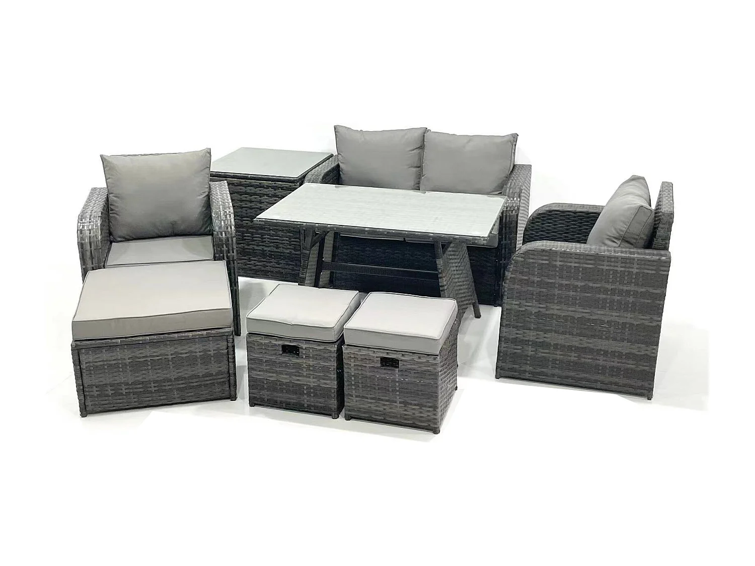 Ensemble de meubles de jardin en polyrotin Rattan Canapé avec Table à manger Chaise inclinable 3 Tabourets Table d'appoint Gris foncé mixte