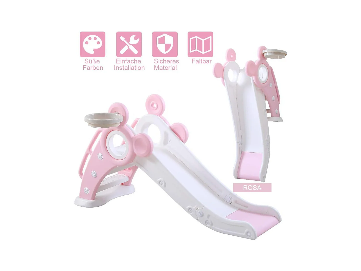 Toboggan de Jardin Pliable avec Panier de Basketball Yoleo pour Enfants de 1 à 3 Ans, Rose