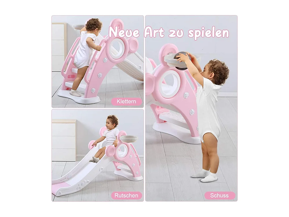 Toboggan de Jardin Pliable avec Panier de Basketball Yoleo pour Enfants de 1 à 3 Ans, Rose