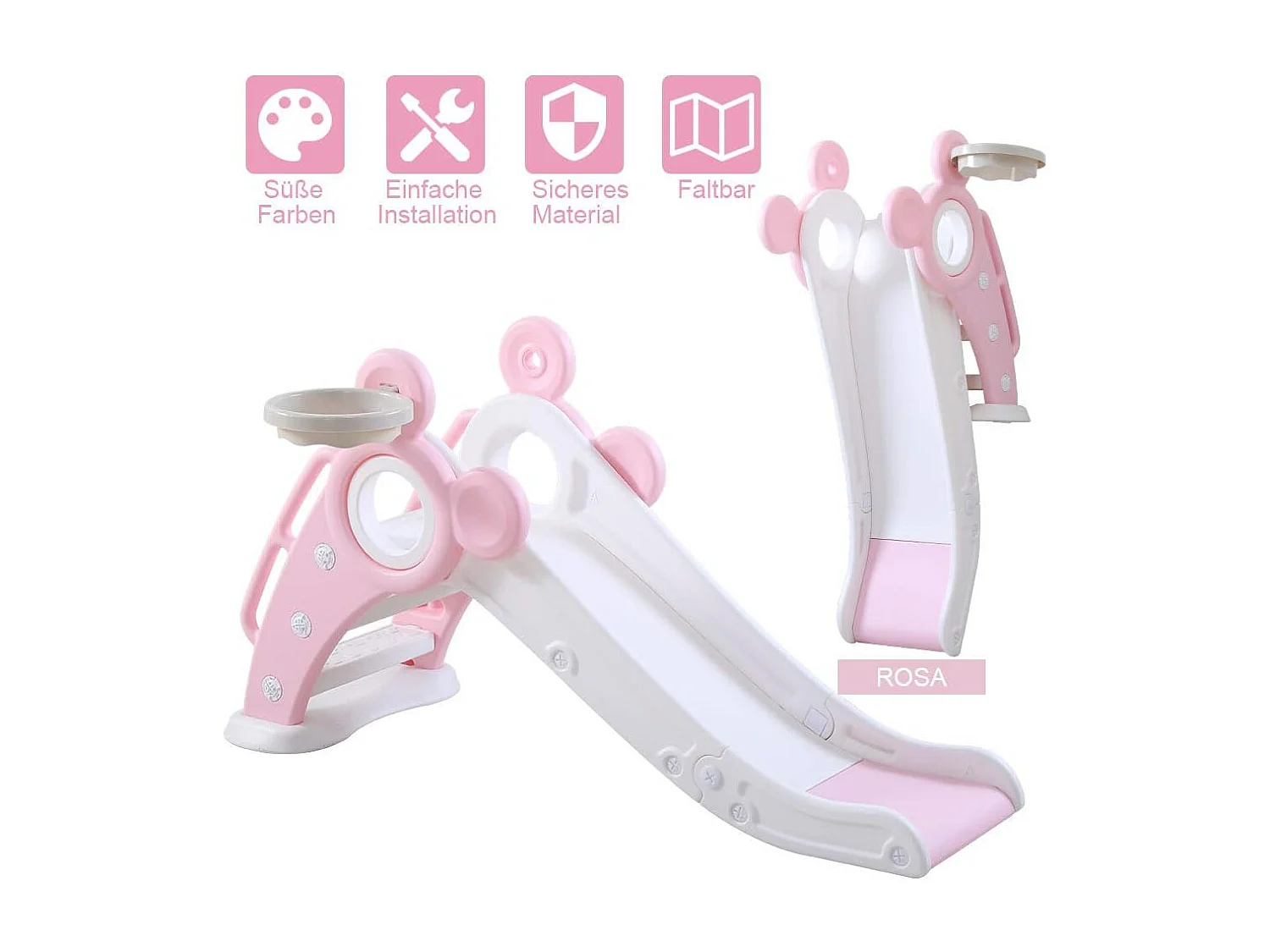 Yoleo Kinder Glijbaan met Basketbalmand, Opvouwbare Tuinglijbaan voor 1-3 Jaar, Roze