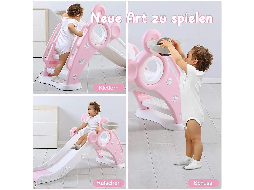 Yoleo Kinder Glijbaan met Basketbalmand, Opvouwbare Tuinglijbaan voor 1-3 Jaar, Roze