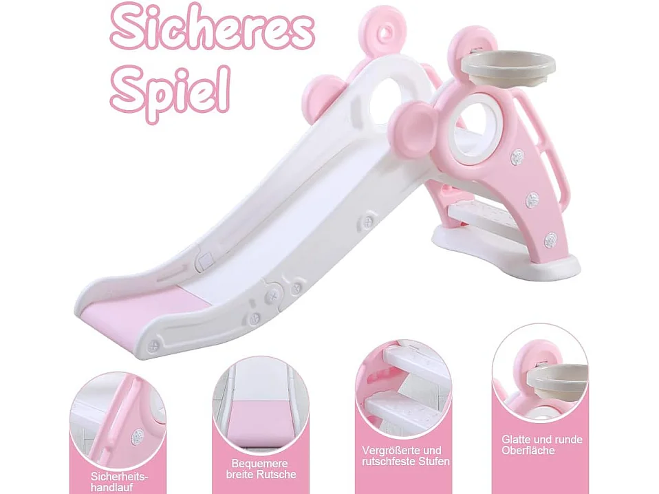 Yoleo Kinder Glijbaan met Basketbalmand, Opvouwbare Tuinglijbaan voor 1-3 Jaar, Roze