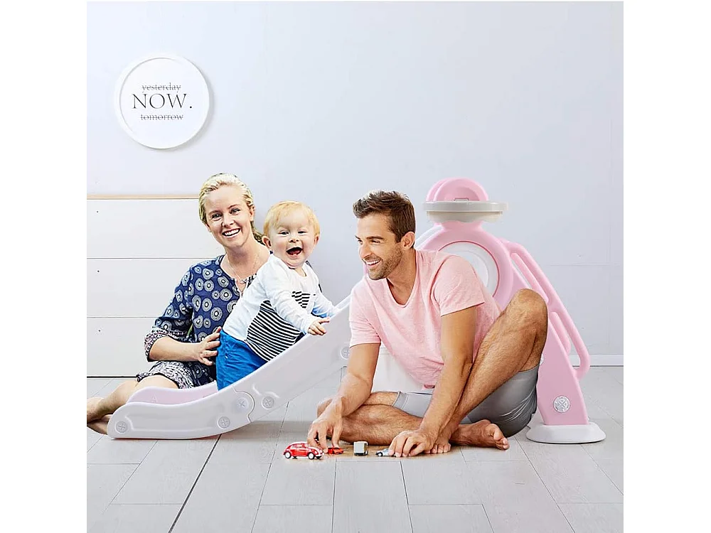 Yoleo Kinder Glijbaan met Basketbalmand, Opvouwbare Tuinglijbaan voor 1-3 Jaar, Roze