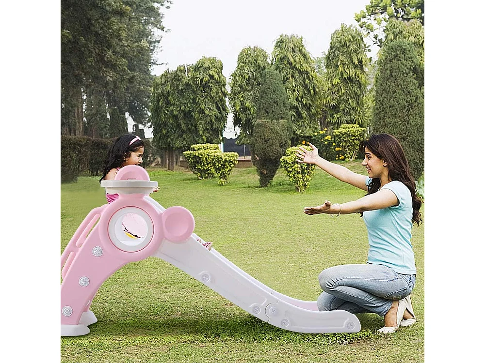 Yoleo Kinder Glijbaan met Basketbalmand, Opvouwbare Tuinglijbaan voor 1-3 Jaar, Roze