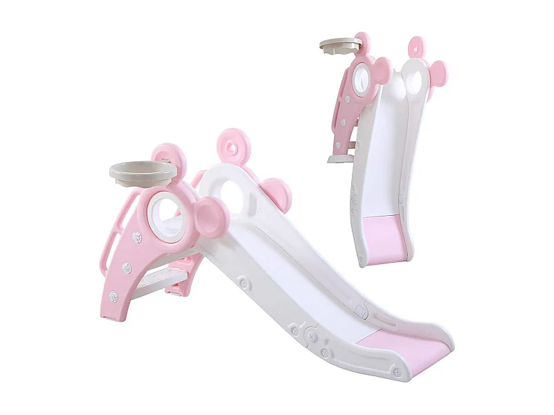 Yoleo Kinder Glijbaan met Basketbalmand, Opvouwbare Tuinglijbaan voor 1-3 Jaar, Roze