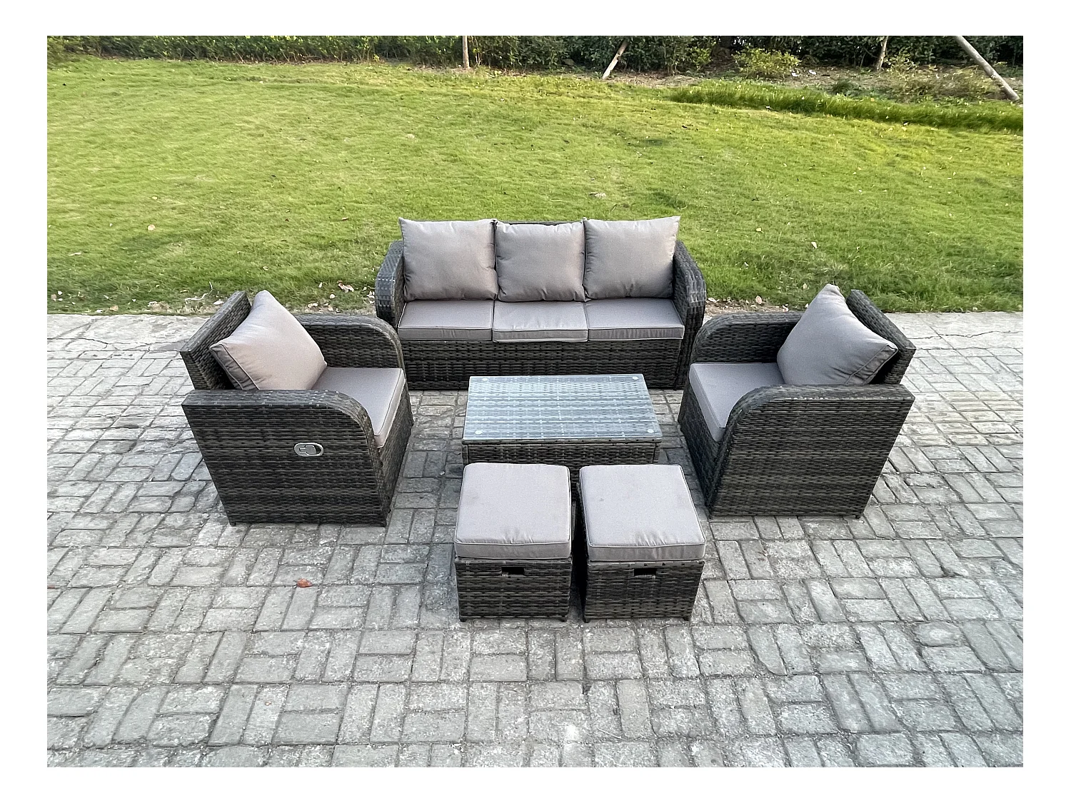 Salon de jardin exterieur Ensemble de canapés en rotin avec Chaise inclinable Table basse rectangulaire 2 Petit pouf Gris foncé mixte