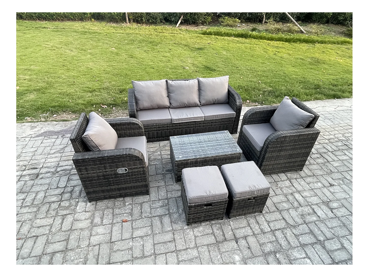 Salon de jardin exterieur Ensemble de canapés en rotin avec Chaise inclinable Table basse rectangulaire 2 Petit pouf Gris foncé mixte