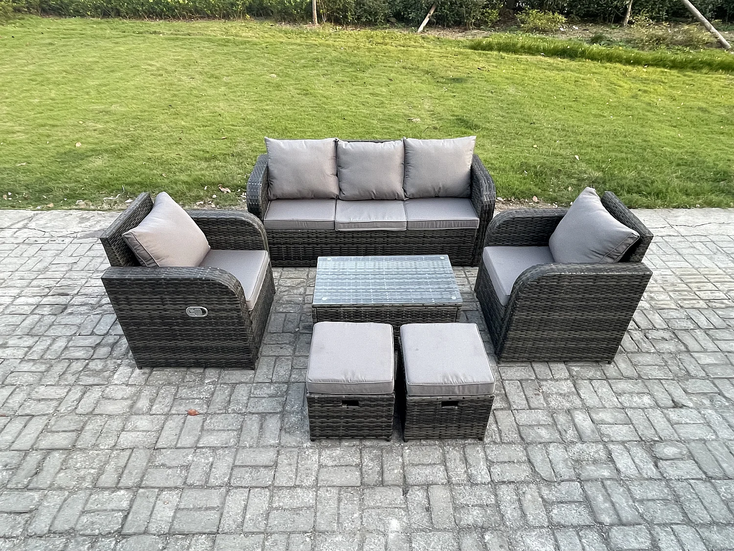Polyrattan Gartenmöbelset Garten Lounge Set mit Liegestühle Rechteckiger Couchtisch 2 kleinen Hockern Dunkelgrau Gemischt