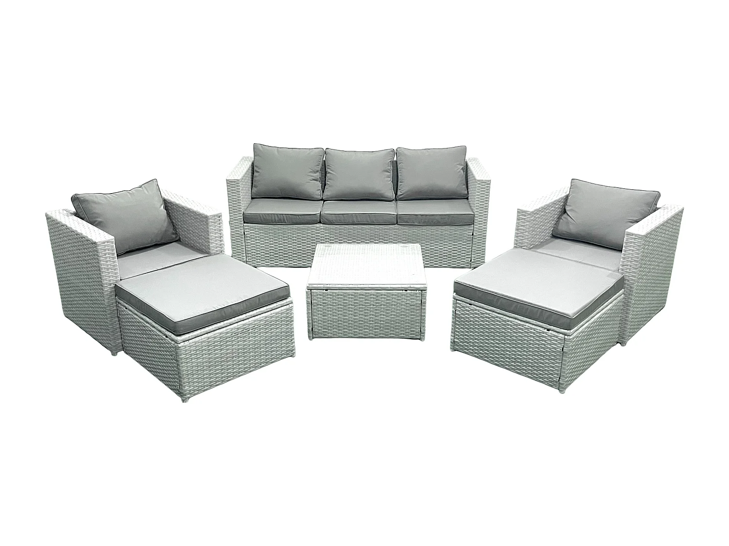 7 places Salon de jardin avec Canapé 3 places 2 Chaise Table basse carrée 2 Grand tabourets Gris clair mixte