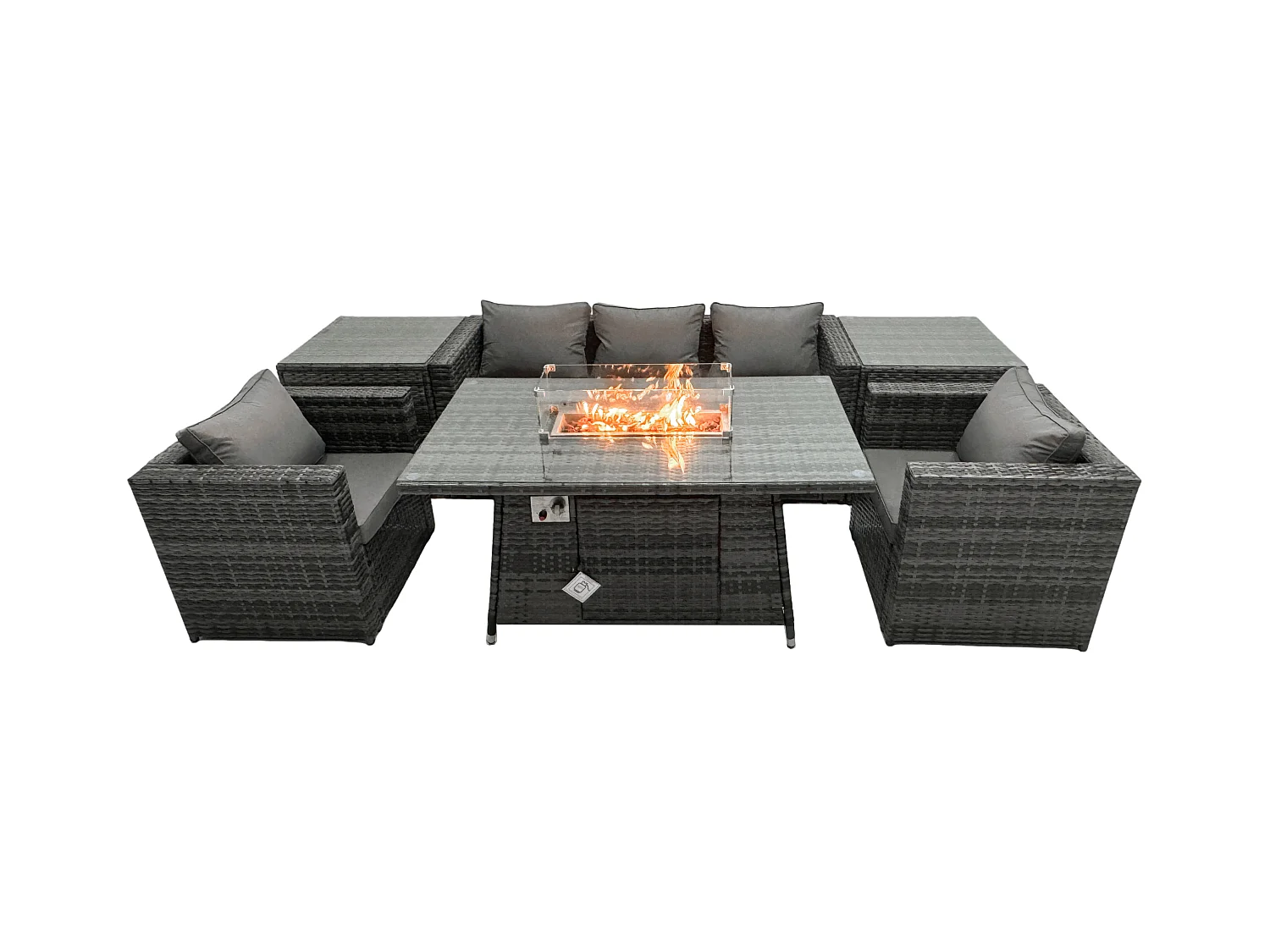 5-Sitzer Polyrattan Gartenmöbel Set Gas Feuerstelle Esstisch mit Sofa Sesseln 2 Großer Hockern Dunkelgrau Gemischt