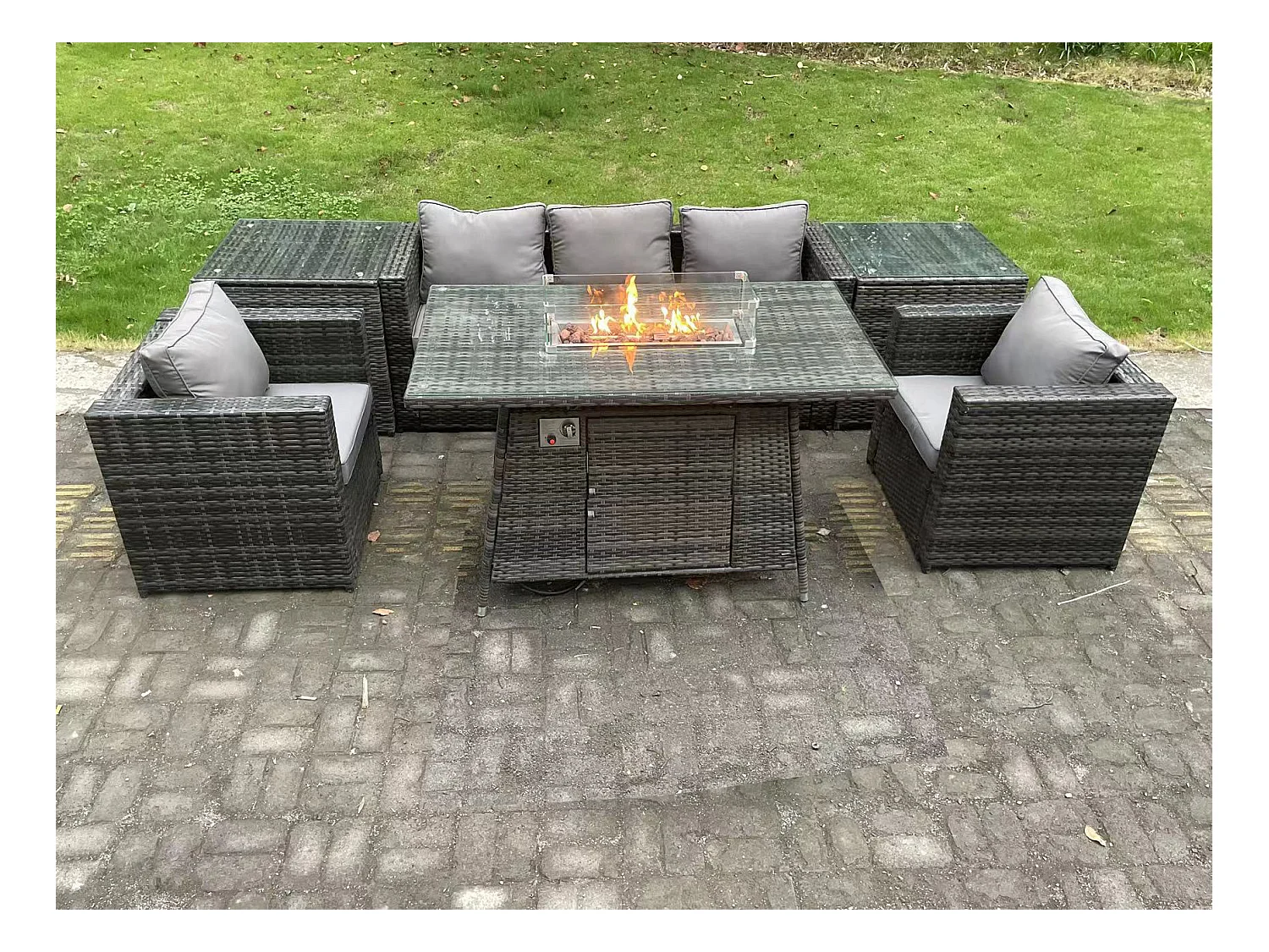 5-Sitzer Polyrattan Gartenmöbel Set Gas Feuerstelle Esstisch mit Sofa Sesseln 2 Großer Hockern Dunkelgrau Gemischt