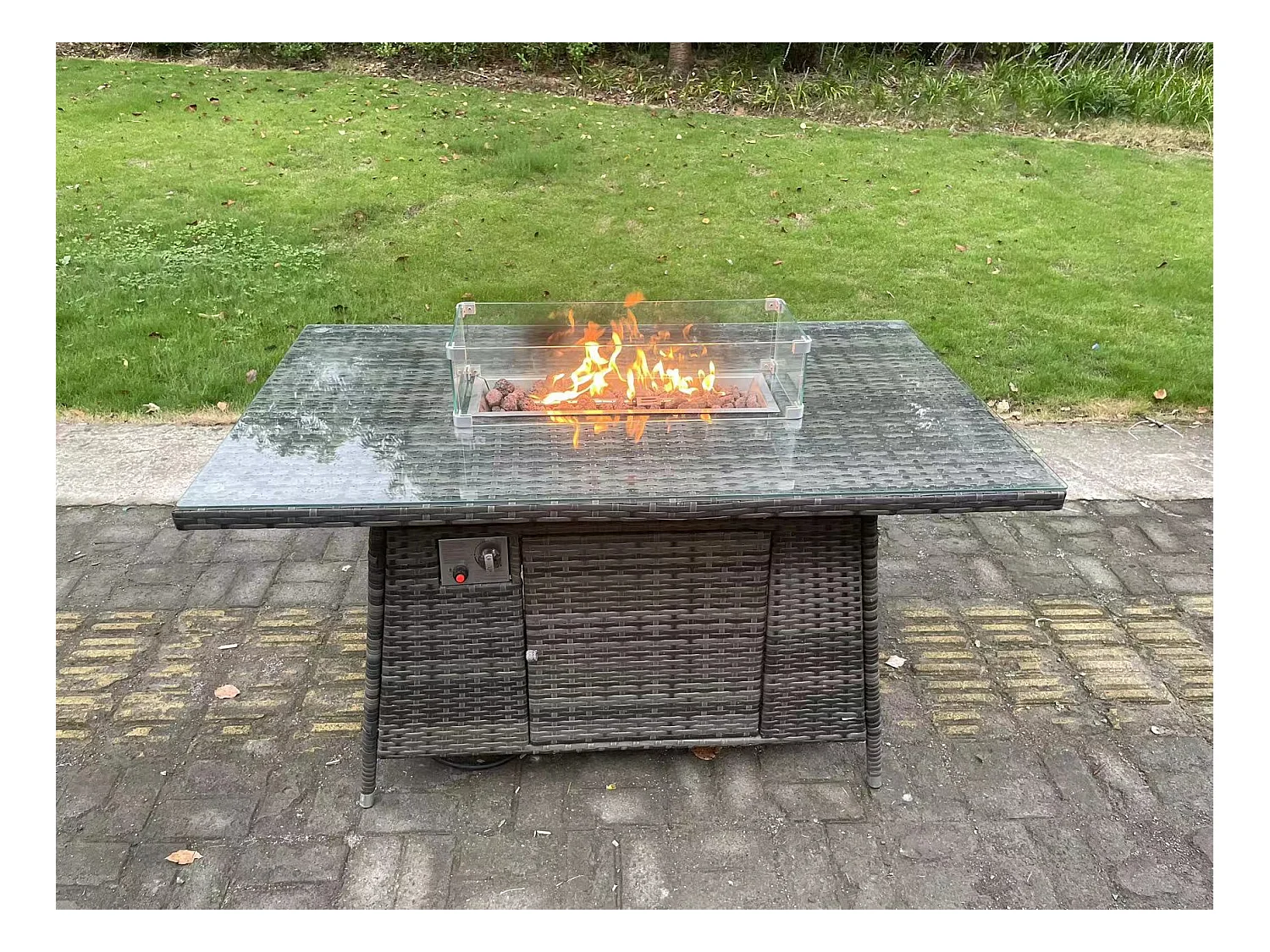 5-Sitzer Polyrattan Gartenmöbel Set Gas Feuerstelle Esstisch mit Sofa Sesseln 2 Großer Hockern Dunkelgrau Gemischt