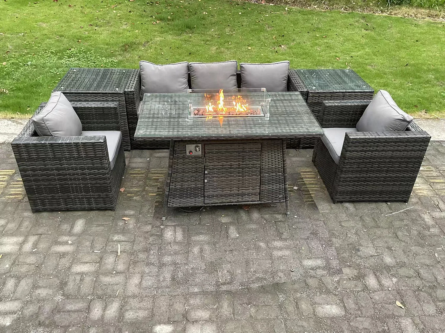 5-Sitzer Polyrattan Gartenmöbel Set Gas Feuerstelle Esstisch mit Sofa Sesseln 2 Großer Hockern Dunkelgrau Gemischt
