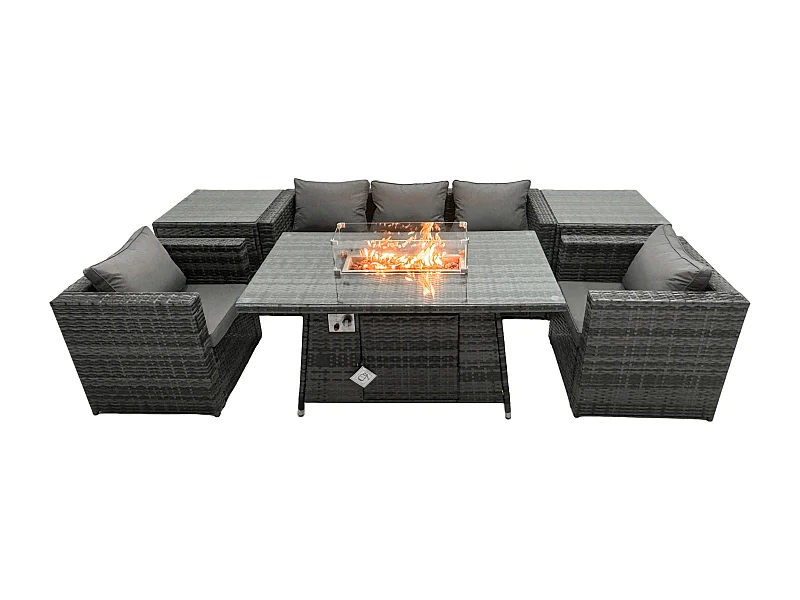 5-Sitzer Polyrattan Gartenmöbel Set Gas Feuerstelle Esstisch mit Sofa Sesseln 2 Großer Hockern Dunkelgrau Gemischt