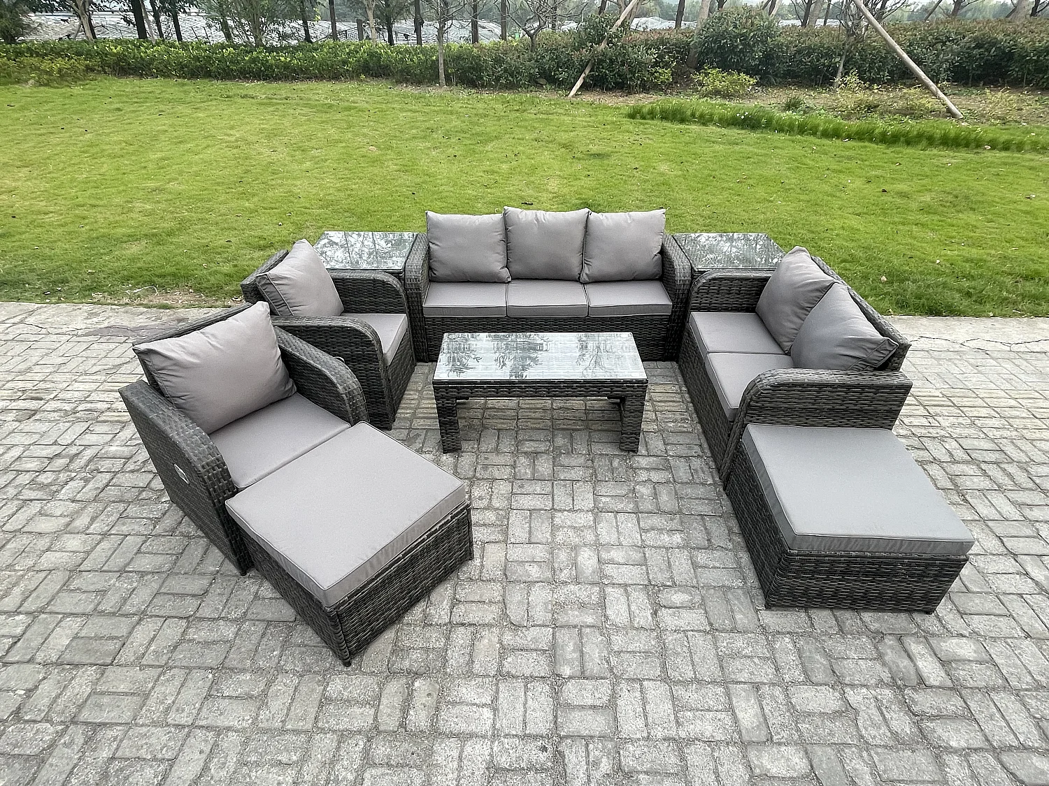 Salon de jardin exterieur Ensemble de canapés en rotin avec Table basse rectangulaire 2 Tables d'appoint 2 Grand tabourets Gris foncé mixte