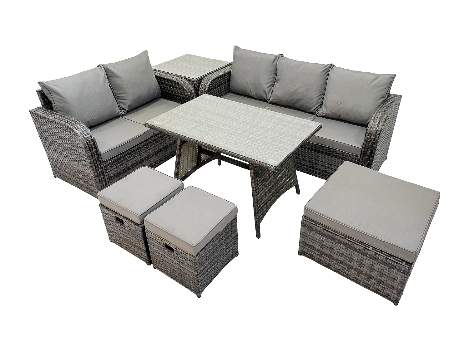 Rattan Gartenmöbel Set 8-Sitzer Rechteckiger Tisch 3 Hockern Love Sofa Beistelltisch Dunkelgrau Gemischt