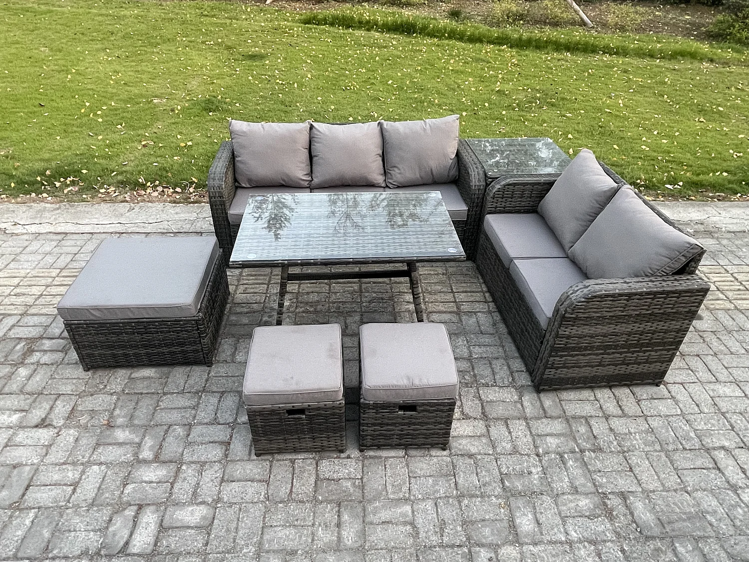 Rattan Gartenmöbel Set 8-Sitzer Rechteckiger Tisch 3 Hockern Love Sofa Beistelltisch Dunkelgrau Gemischt